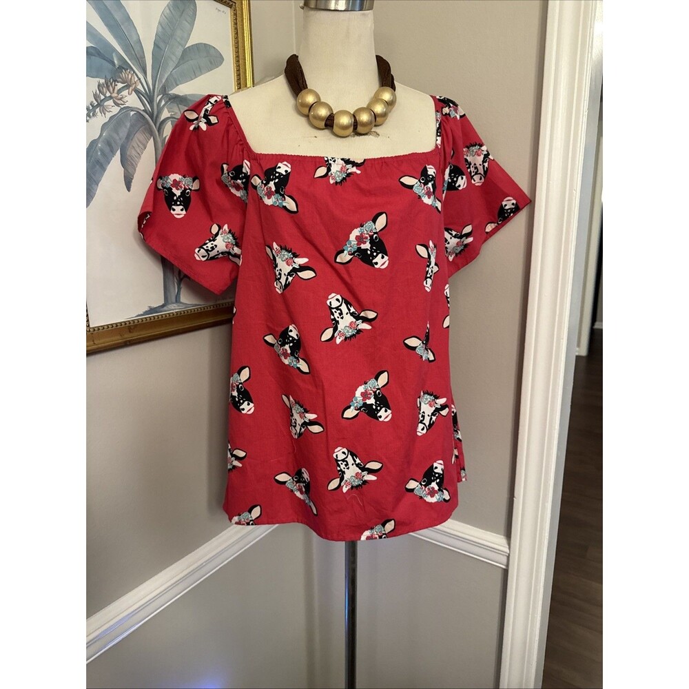 Wrangler Red Floral Cow Print Square Neck Blouse
